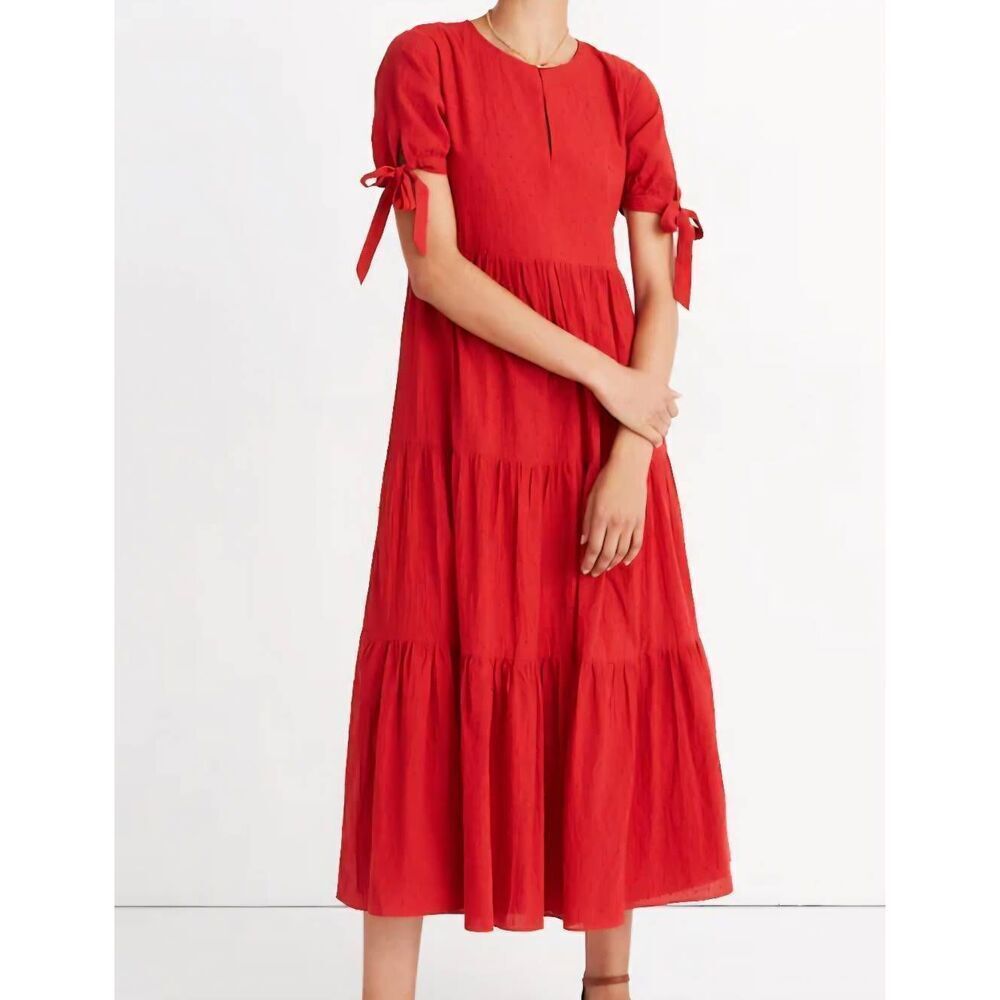 Madewell Dress Women's XXS Red Tie Sleeve Tiered Midi Swiss Dot Cottage Modest
